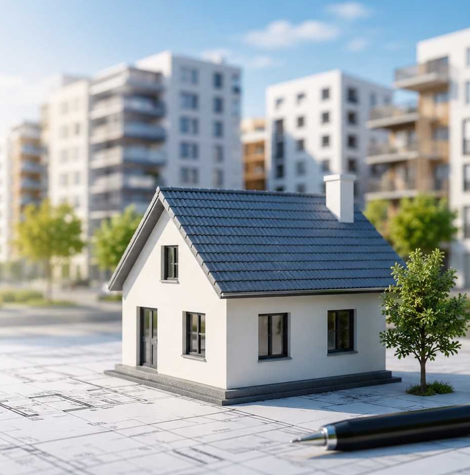 Maqueta de casa sobre plano con ciudad al fondo